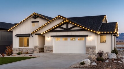 A charming, illuminated house sparkles in the twilight. Festive lights accentuate the roofline, creating a warm and welcoming ambiance in the neighborhood