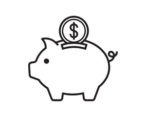 Piggy Bank Icon with Dollar Coin: Saving Money and Finance Outline Illustration