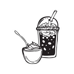 Cold coffee or frappe drink in plastic cup with whipped cream in bowl, sketch concept. Vector illustration for cafe menu, beverage