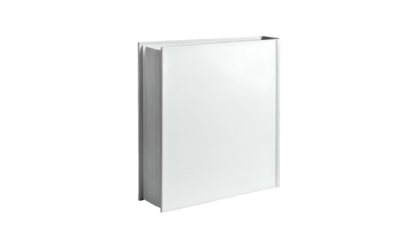 A pristine, plain white book stands upright, its pages gently fanned. The cover is smooth and reflects light, isolated on black