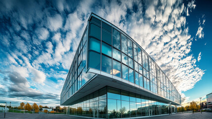 Low angle view captures the striking facade of a modern office building, reflecting clouds and blue skies, emphasizing its sleek and polished appearance