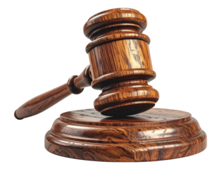 Dark wood gavel and sound block, angled on black background