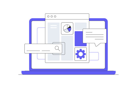 Interfaces Big Data. Search engine with laptop computer, input stroke. Infographics. Flat Cartoon Vector Illustration, icon Stylish abstract design landing page web