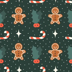 cute hand drawn christmas holiday season seamless vector pattern vintage illustration with gingerbread homemade cookies, mistletoe, stars and candy cane on green background