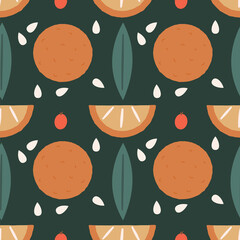 cute colorful symmetrical seamless vector pattern illustration with oranges, leaves, seeds and red berries on green background