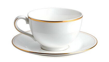 Obraz premium A pristine white teacup with a gold trim sits atop a matching saucer. It is empty, showing its interior, poised