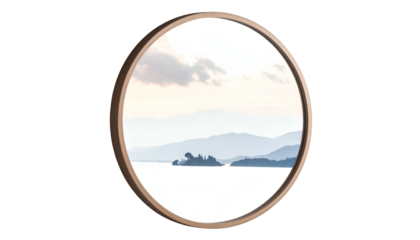 A serene landscape reflected within a circular, bronze-rimmed mirror, featuring layered mountain silhouettes, sky, water, and an island
