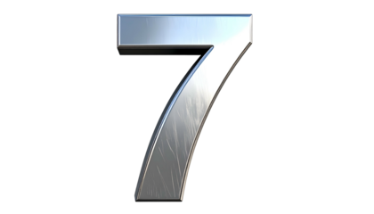A shiny, metallic "7" floats against a stark black background. The number appears three-dimensional, reflecting light and texture