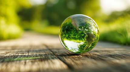 A transparent planet Earth sits on a wooden surface with a blurred green background of nature, showcasing a minimalistic and modern still life scene