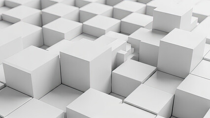 3D with White and Grey Cubes. Interlocking Geometric Grid Pattern Creates Architectural Minimalism and Depth.