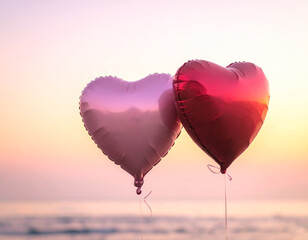 Obraz premium Two heart-shaped balloons float against a soft sunset sky over the ocean
