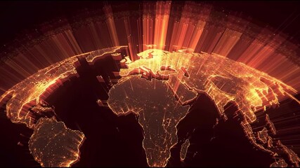 Glowing world map digital earth data visualization technology network Europe Africa orange light futuristic abstract global connection energy cyber innovation modern virtual illuminated continents - Powered by Adobe