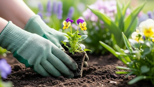 Gardener Planting Pansy in Soil with Green Gloves in Natural Outdoor Setting for Horticulture