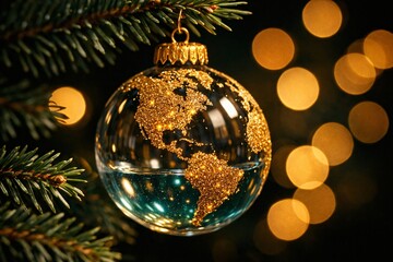Close up of a globe Christmas bauble ornament showing a sparkling Earth map, representing world peace and global holiday celebrations, perfect for corporate greeting cards, travel websites