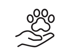 Pet care line icon: Human hand holding animal paw print outline.
