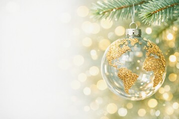 Clear glass Christmas ornament globe map with gold glitter, global holiday celebration, perfect for corporate seasonal greetings or travel agency promotions