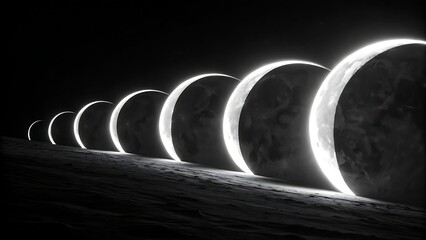 Celestial Alignment: A mesmerizing composition unveils a line of celestial bodies, their surfaces illuminated with a spectral glow that contrasts against the velvet darkness. 
