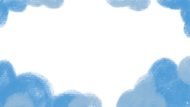 Blue cloud frame background. Hand-drawn crayon sky border with white copy space Cute blue cloud border texture