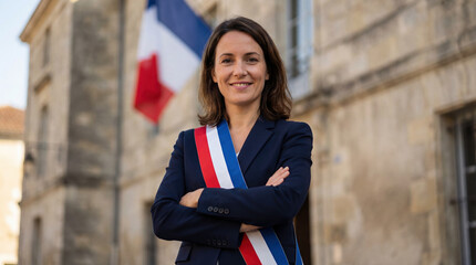 Portrait of a confident female French mayor wearing the official tricolor sash with arms crossed. Smiling elected woman standing in front of a town hall with the French flag.