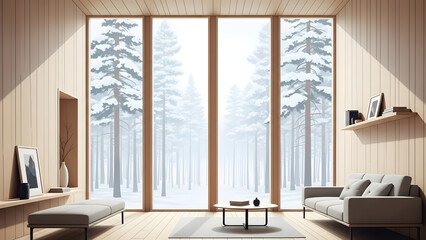 Fototapeta premium Modern minimalist living space featuring expansive windows that frame a tranquil, snow-covered winter forest, creating a serene and cozy retreat with abundant natural light and a clean aesthetic