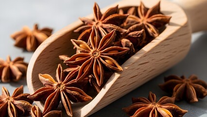 Dried star anise spice in a wooden scoop, aromatic ingredient for culinary use
