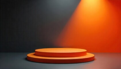 Sleek orange podium, spotlight dramatic shadow , simple, reflective