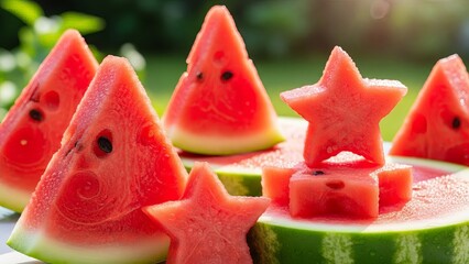 Sweet watermelon slices and star shapes arranged outdoors in summer