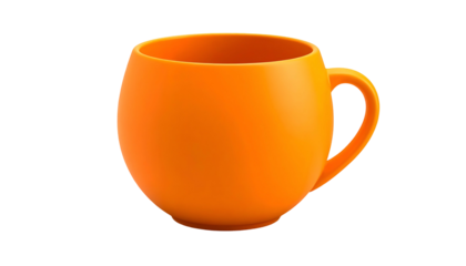 A 3D render of an orange, rounded mug with a handle, set against a transparent background, perfect for digital displays