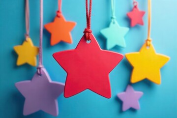 Star-shaped tags, various colors, blue background, perfect for discounts , sale, vibrant