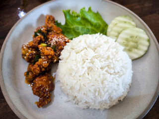 Korean Fried Chicken with Rice and Vegetables