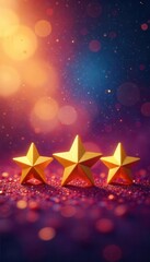 Three gold stars on vibrant background, excellent rating , illustration, three stars rating