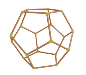 realistic 3d render of a wooden dodecahedron frame. geometric platonic solid with pentagon faces and yellow connectors. isolated educational math model.
