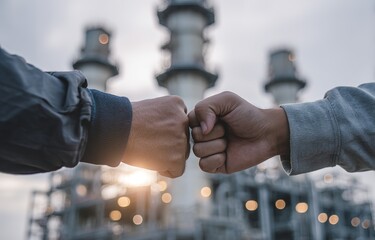 Fist Bump at Industrial Refinery,  Ideal for energy industry marketing, team-building content, industrial collaboration visuals, or workplace morale materials.