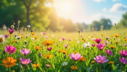 Fototapeta premium Vibrant wildflowers carpet sun-drenched meadow, purple, wildflowers