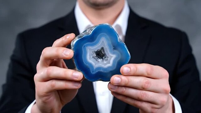 Man in suit holds blue agate geode with crystal center
