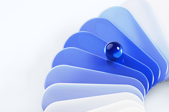 3d blue gradient glass layer texture with crystal sphere on white background. Abstract geometry design with rounded rectangle plate shapes and ball with reflection on glossy surface. 3D illustration