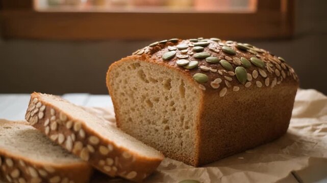 Freshly baked multi-grain bread loaf with sesame seeds on a wooden table near a window