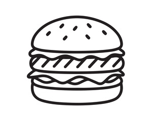Black Outline Double Cheeseburger Line Art Icon on White Background