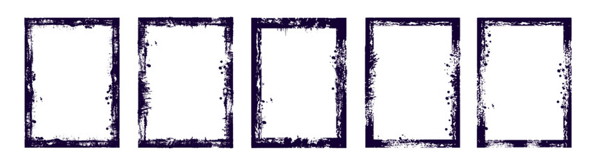 Grunge Ink Frame Set on White Background, Distressed Photo Borders with Paint Splatters, Rough Edges and Abstract Dirty Texture for Poster Design.