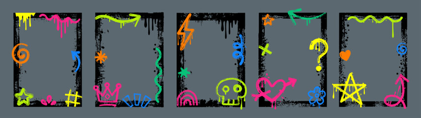 Colorful Graffiti Spray Paint Photo Frame Set, Grunge Urban Street Art Borders with Neon Doodles ,Skull, Crown, Heart, Star, and Liquid Drip Effect for Social Media Stories. © RbsCreative