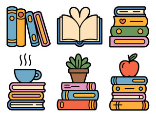 Colorful Book Stacks and Symbols