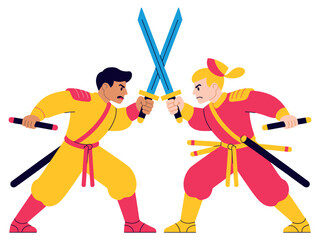 Cartoon Warriors Engaged in Fierce Sword Fight with Colorful Swords and Costumes