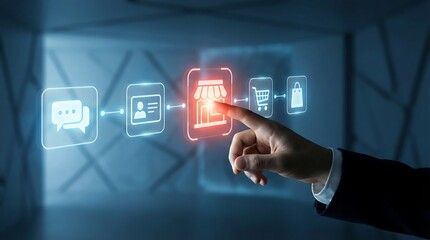Businessman interacting with digital storefront interface on futuristic screen