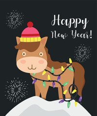 Happy New Year Horse Wearing  Hat and Lights at Snow Background