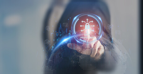 Data protection  and digital security concept. Glowing padlock icon and radiating circuitry represents data protection, privacy, cybersecurity, secure networks, encryption and safeguarding information