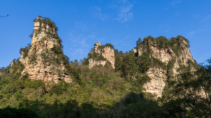 Natural quartz sandstone columns from the Tianzi Mountains (Avatars Mountains) in Zhangjiajie National Forest Park in Hunan, China.