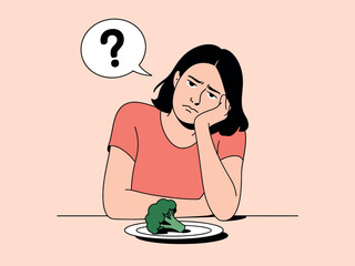 Woman Looks at Unappetizing Green Broccoli on Plate with Confusion and Disinterest