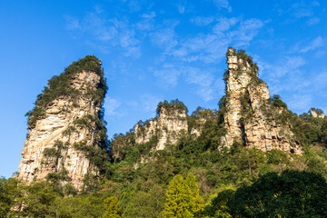 Natural quartz sandstone columns from the Tianzi Mountains (Avatars Mountains) in Zhangjiajie National Forest Park in Hunan, China.