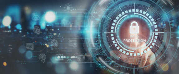 Data protection  and digital security concept. Glowing padlock icon and radiating circuitry represents data protection, privacy, cybersecurity, secure networks, encryption and safeguarding information