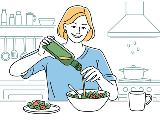 Woman Pouring Salad Dressing Kitchen